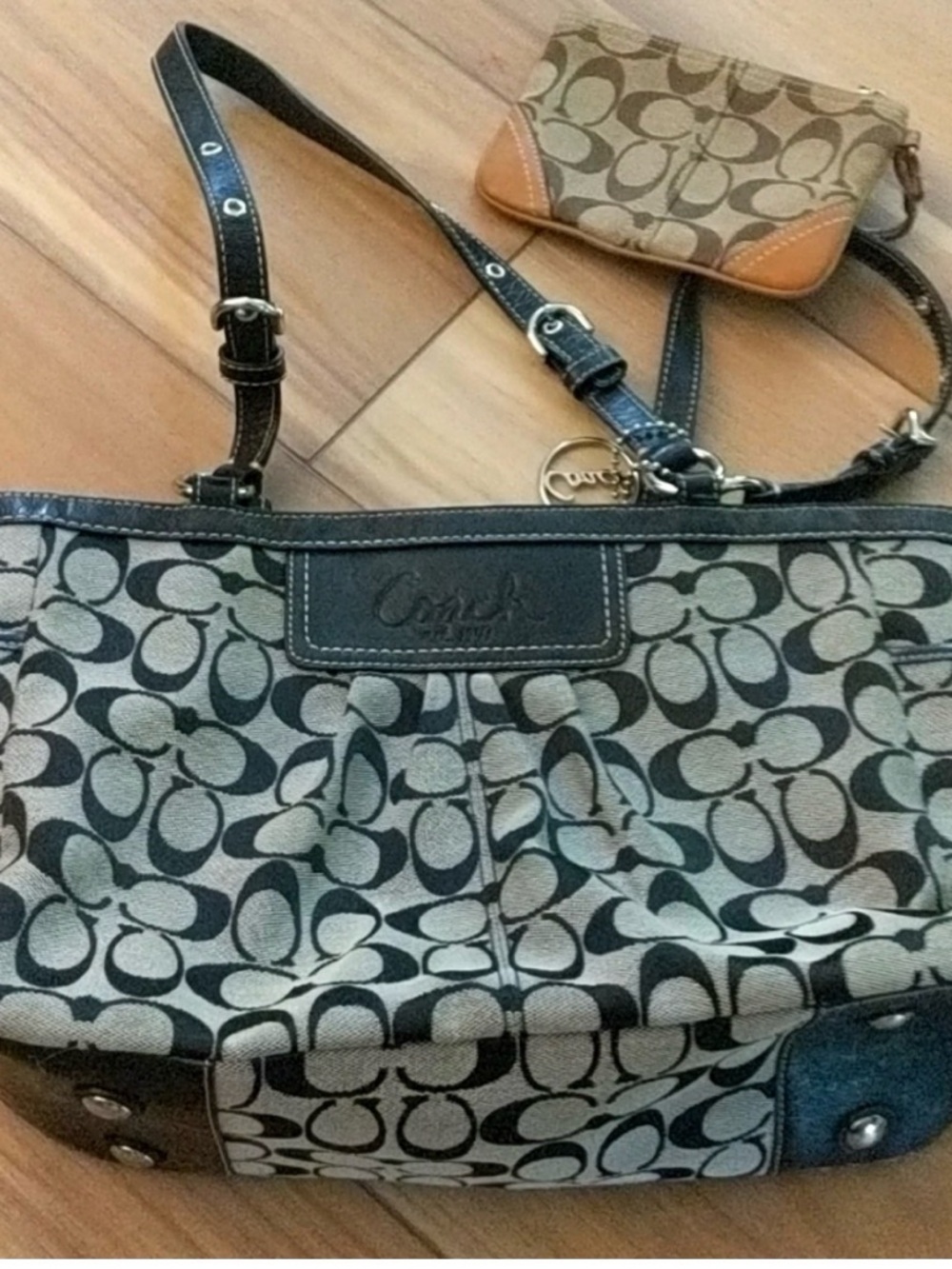 Coach Signature Canvas Tote in Black and Tan with Coin Pouch